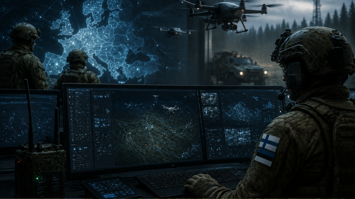 A dramatic conceptual image titled 'EUROPEAN MILITARY AI LAUNCH'. In the foreground, a soldier in full combat gear with a Finnish flag patch on his shoulder looks at a high-tech command center monitor displaying a digital map of Europe. Outside the glass window, military drones fly over an armored vehicle parked in a dark forest area at dusk, symbolizing advanced defense intelligence.