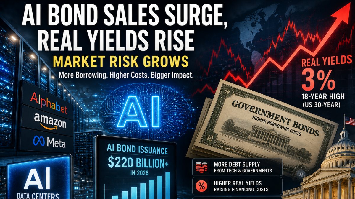 AI data centers and corporate bond issuance shown alongside rising real yields and financial market risk.