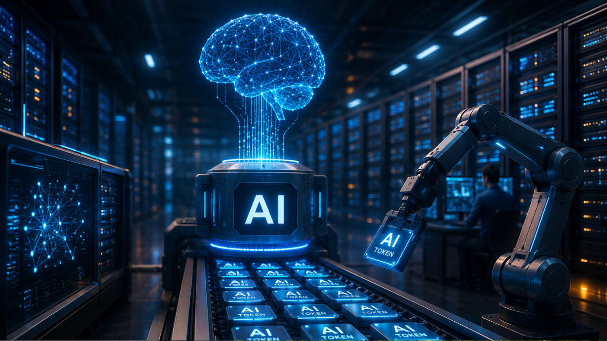 A dark blue infographic titled 'AI PROCESSING CENTER'. The graphic features a large server room filled with racks of data servers. At the center, a futuristic console with a glowing blue digital brain icon sits on a conveyor belt path labeled with 'AI' and 'AI TOKEN' blocks. On the right, a precise robotic arm operates, symbolizing automation in processing power.