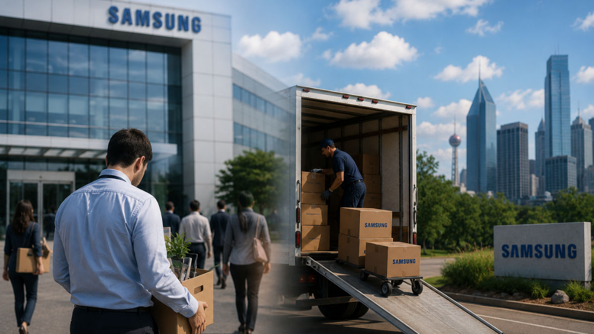 A realistic composite image illustrating a major corporate transition. On the left, a professional man in a light blue dress shirt walks away from a modern office building with a prominent blue 'SAMSUNG' logo, carrying a cardboard box filled with office belongings. The image blends into the center and right, showing a moving truck with its back door open being loaded with boxes on a ramp, set against the backdrop of a sunny city skyline with skyscrapers under a clear blue sky.