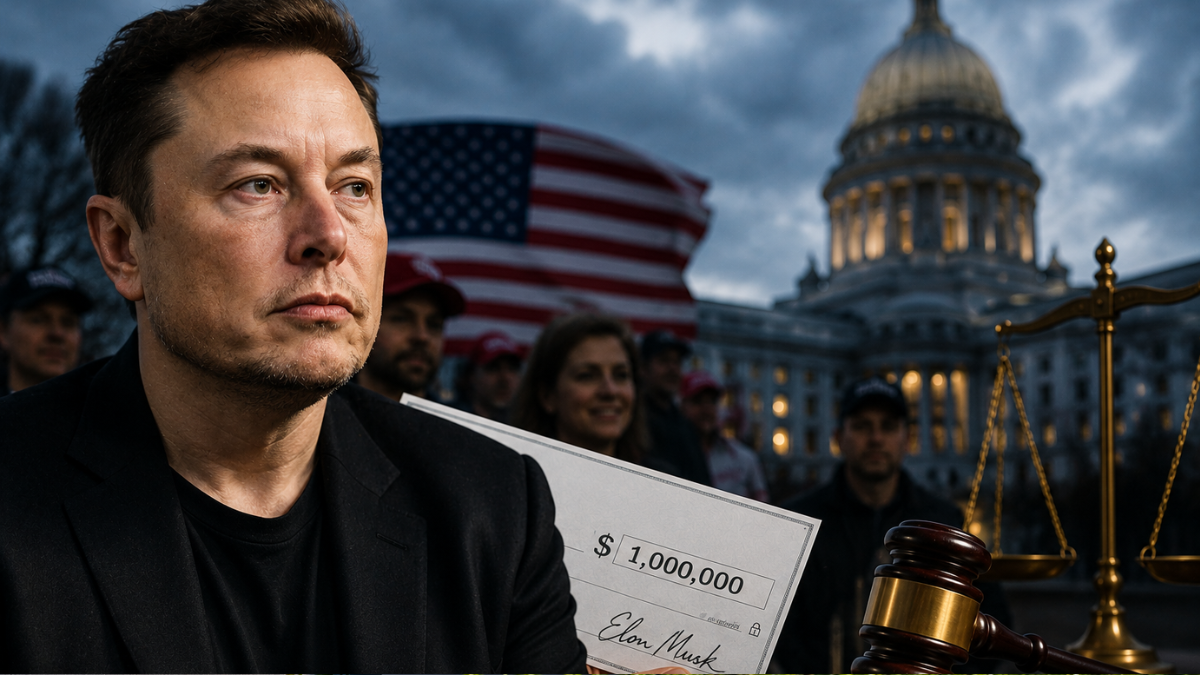 A dramatic infographic illustration featuring Elon Musk on the left, looking off-camera with a serious expression. In the center, a person's hands hold up a large ceremonial check made out for '$1,000,000' signed by Elon Musk. On the right, a gold judicial scale of justice and a wooden legal gavel sit in the foreground, with the illuminated dome of the Wisconsin State Capitol building standing under a cloudy evening sky in the background.