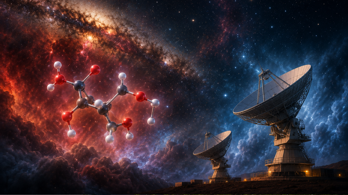A stunning cosmic illustration of a deep space molecular cloud near the center of the Milky Way galaxy. On the left, a detailed 3D chemical molecular structure of erythrulose sugar glows with red, white, and grey atoms against a backdrop of a fiery orange and gold nebula. On the right, two large, modern satellite radio telescope dishes face upward toward the star-filled night sky.