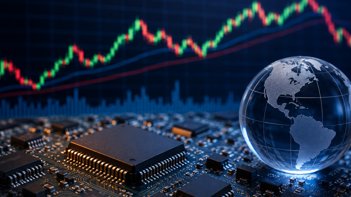 A conceptual photograph combining technology and global finance. In the foreground, a dark circuit board features prominent black semiconductor microchips and intricate gold circuitry. On the right, a clear glass globe of Earth glows with internal blue light. The background displays a dark digital stock market chart with volatile green and red line graphs and vertical volume bars tracking market fluctuations.