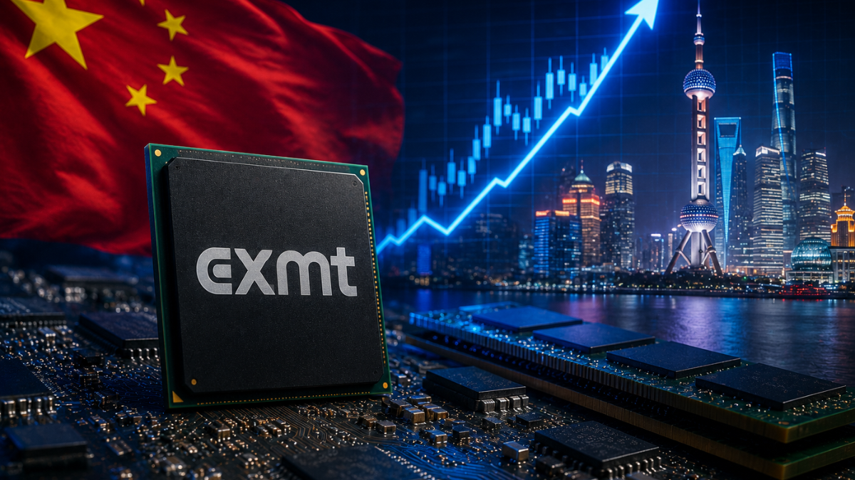 A cinematic financial photo representing CXMT's blockbuster Shanghai IPO. In the foreground, a sleek silicon microchip processor engraved with 'CXMT' sits on a circuit board next to a glowing green upward stock chart arrow indicating a 466% surge. In the background, the modern Shanghai skyline with the Oriental Pearl Tower glows at dusk beneath a gently draped national flag of China.