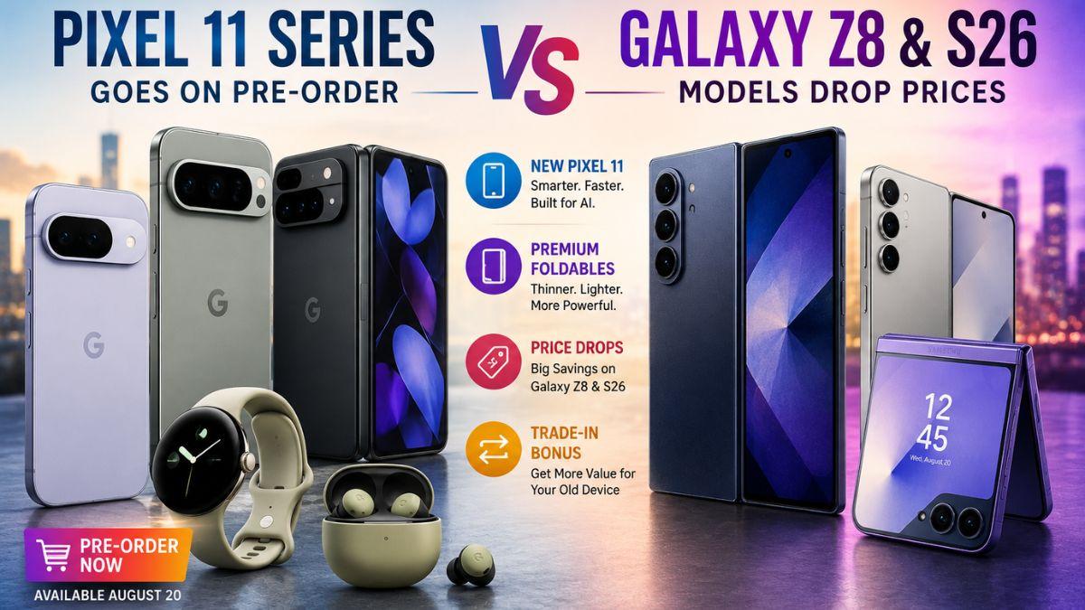 Google Pixel 11 series phones and Pixel 11 Pro Fold shown alongside Samsung Galaxy Z8 foldables and Galaxy S26 models, highlighting the new Pixel pre-orders and Samsung price cuts.