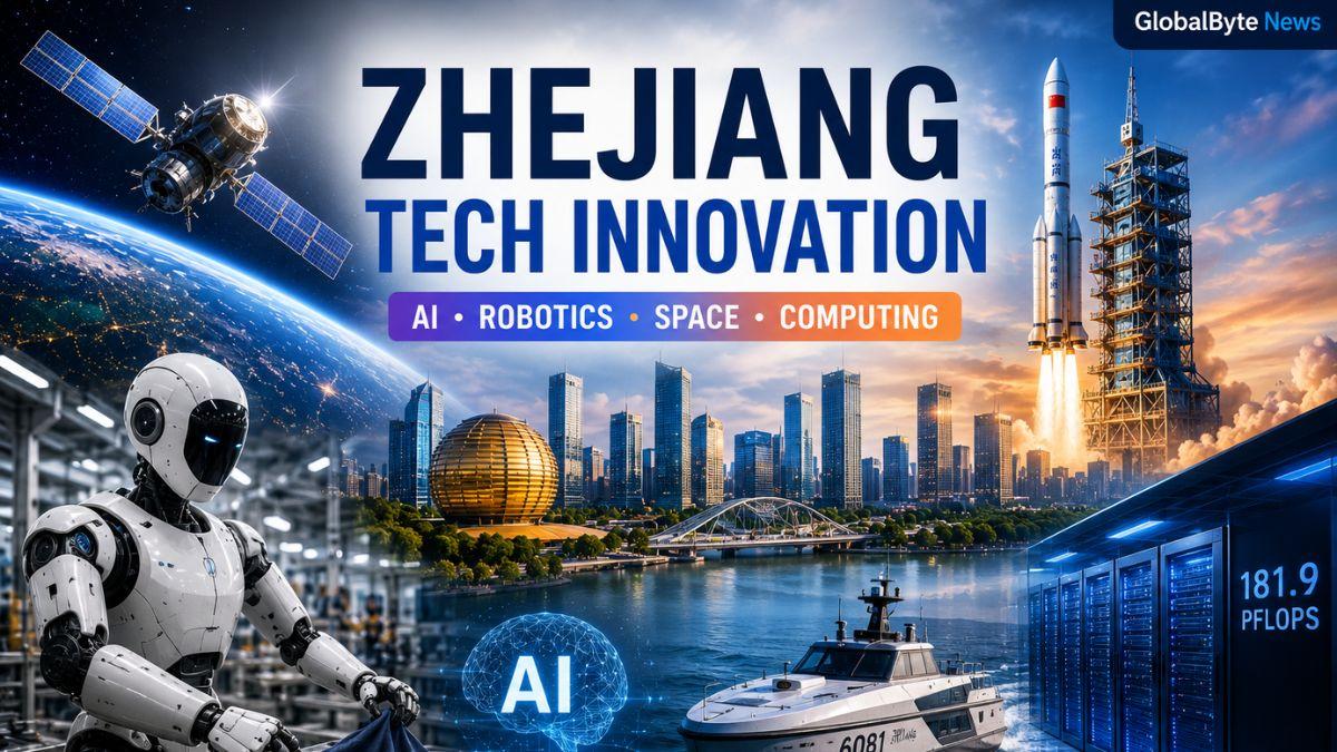 Zhejiang’s technology ecosystem featuring AI, robotics, space computing, and advanced industrial innovation, with GlobalByte News branding.