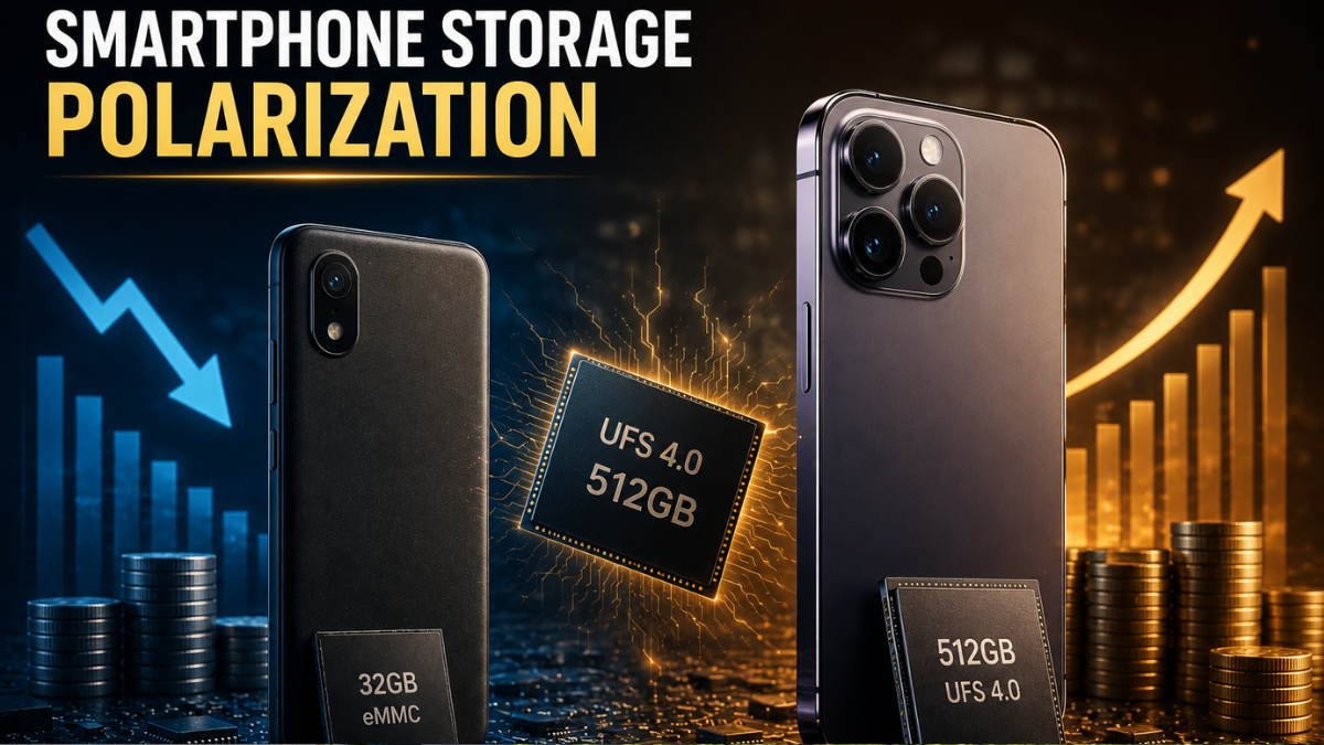 An infographic titled 'TECH UPGRADE: FROM BUDGET TO PREMIUM' comparing smartphone storage trends. On the left, a budget-focused black smartphone is shown with a downward blue arrow and a stack of coins, labeled '32GB eMMC' for entry-level devices. On the right, a premium dark purple smartphone stands with an upward golden arrow, a larger stack of coins, and a crown icon, labeled '512GB UFS 4.0' for flagship devices. Floating storage microchips bridge the two sides over a growing gold bar graph.