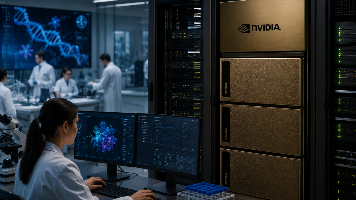 A professional, high-tech conceptual photograph of a modern biotechnology laboratory. On the right foreground stands a massive, sleek gold and black server rack prominently displaying the 'NVIDIA' logo, representing an advanced supercomputing system. In the center, a female researcher in a white lab coat sits at a desk with her back to the camera, looking at dual computer monitors displaying a vibrant 3D molecular structure of a drug compound and complex data streams. In the blurred background, other scientists in lab coats work with equipment inside a brightly lit clean laboratory.