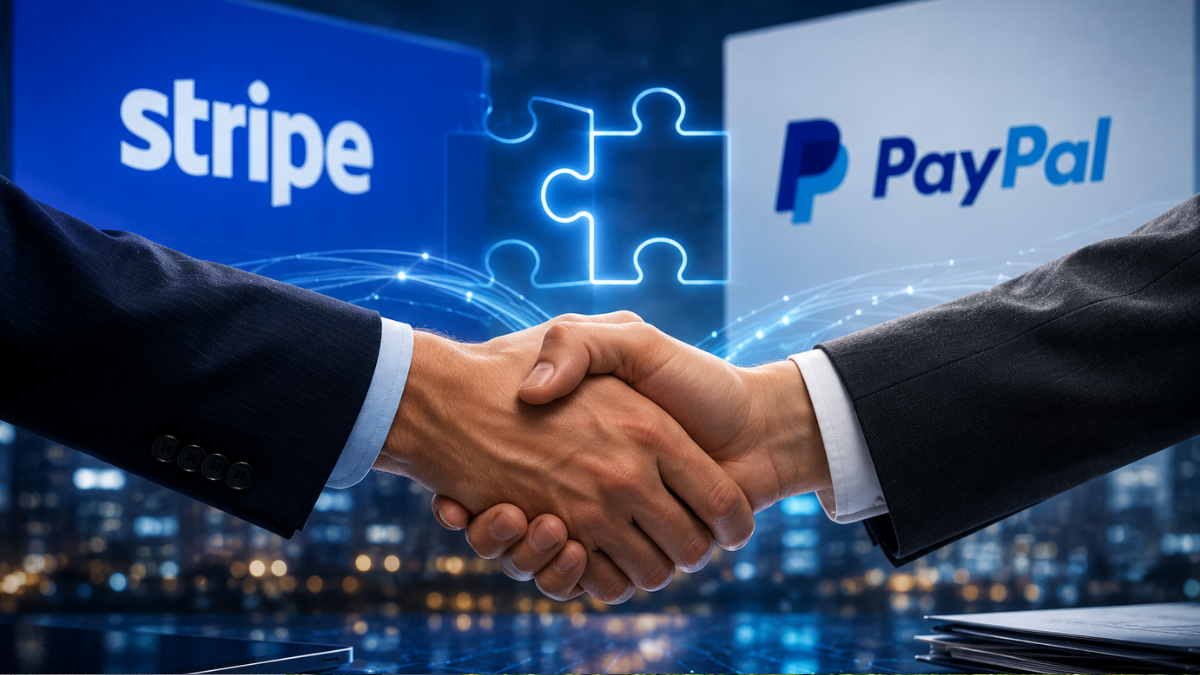 A professional conceptual infographic illustrating a major corporate acquisition. In the center, two business professionals in dark suits shake hands against a blurred nighttime city skyline background. Above the handshake, two large glowing digital screens display the 'stripe' and 'PayPal' company logos on the left and right, connected by a glowing blue puzzle piece graphic that fits together.