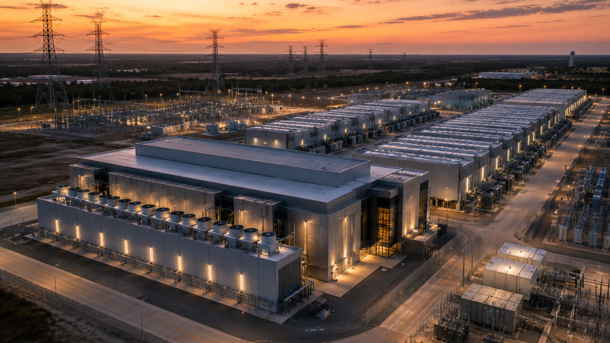 A realistic daytime outdoor photograph of a massive, modern industrial data center facility under a bright sky with light clouds. In the foreground, neat rows of large, metallic outdoor server containers and high-tech HVAC cooling units line the campus. In the background, heavy-duty electrical infrastructure, including high-voltage power transmission lines and utility towers, stretches across the landscape, highlighting the massive power grid connection.
