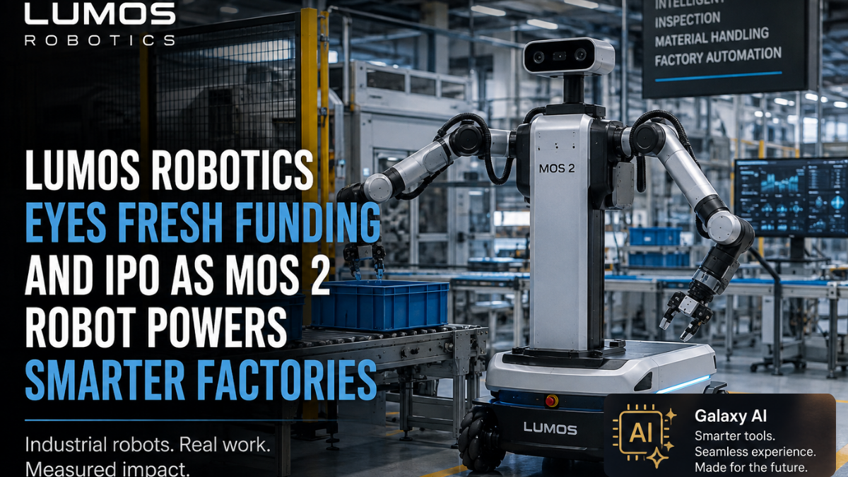 Lumos Robotics MOS 2 industrial robot operating in a smart factory for inspection and material handling.