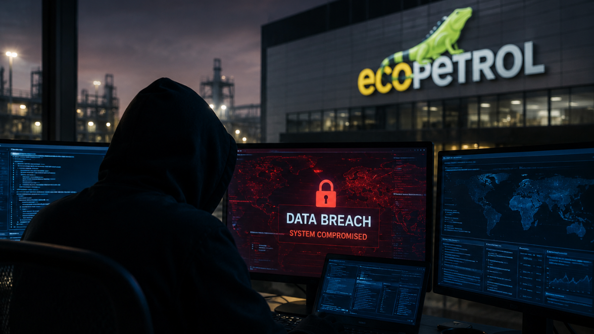 A dramatic conceptual image illustrating a cybersecurity breach at an energy corporation. In the foreground, a hacker wearing a dark hooded sweatshirt sits with their back to the camera, looking at multiple computer monitors displaying a red 'DATA BREACH SYSTEM COMPROMISED' warning screen with a padlock icon. In the background at night, the brightly lit industrial refinery building features a large yellow glowing sign with the 'ecopetrol' logo next to a green iguana emblem.