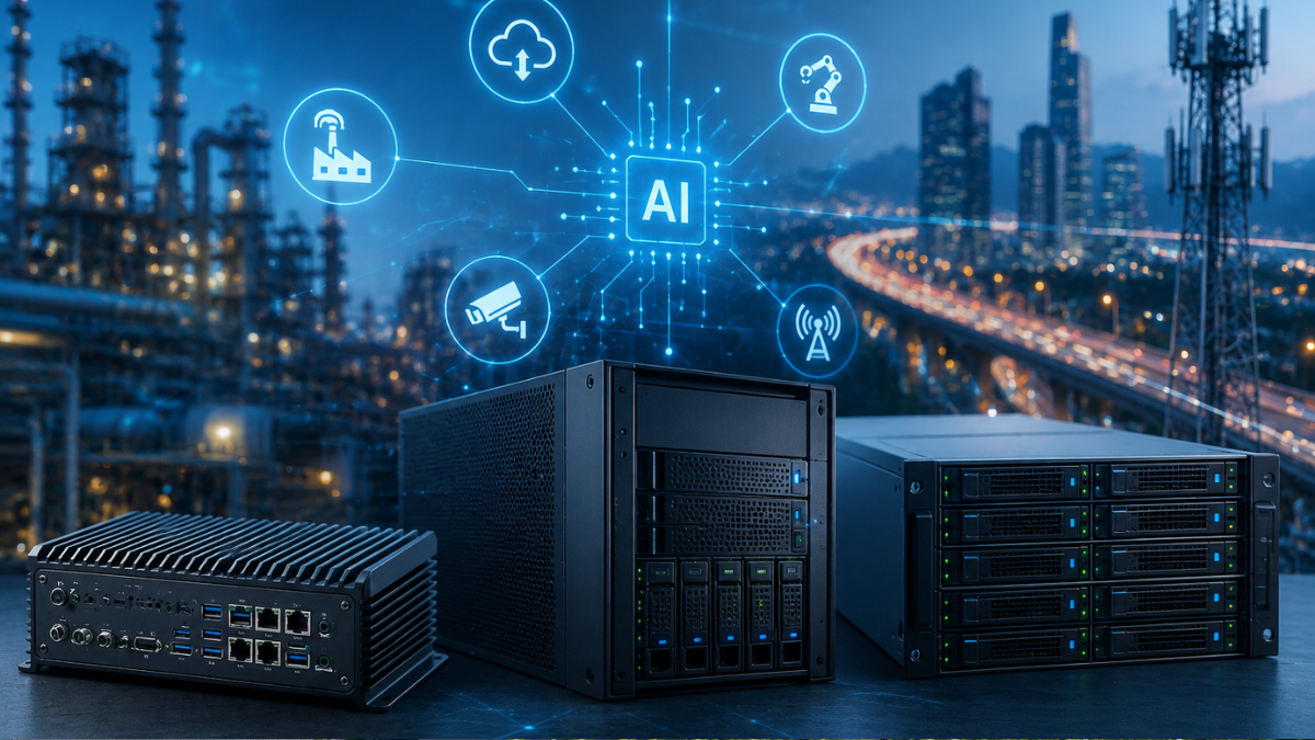 A futuristic conceptual infographic titled 'AI' showcasing Infortrend's edge computing hardware. In the center, three black industrial computing servers of varying sizes (including the KS 3000U and KS 5000U series) are displayed on a dark surface. Above them, a glowing blue digital 'AI' hub connects to circular icons representing industrial factories, cloud uploads, security cameras, robotic arms, and network towers, set against a blurred city skyline at night.