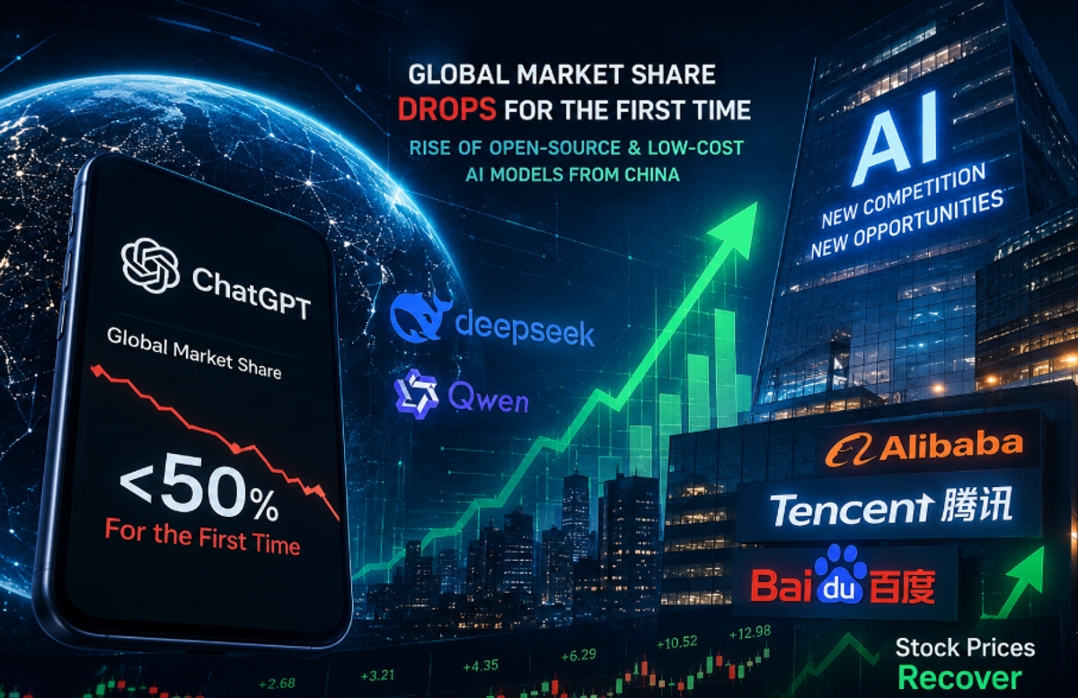 Conceptual illustration of global AI competition featuring ChatGPT, Chinese AI models, and rising technology stocks driven by open-source innovation and cost-efficient AI infrastructure.