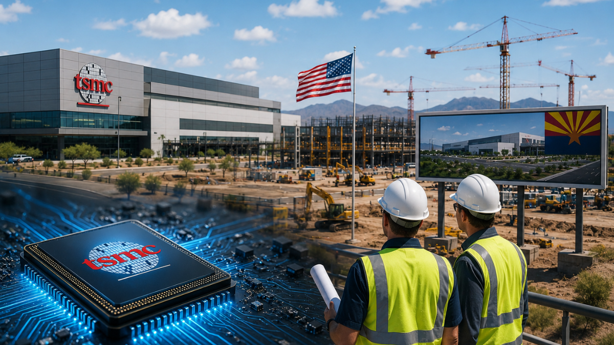 A professional multi-panel conceptual photograph highlighting semiconductor manufacturing. On the right, two construction engineers wearing white hard hats and bright yellow safety vests stand with their backs to the camera, looking out over a massive outdoor facility construction site under a bright blue sky with towers and cranes, featuring an American flag and a billboard displaying an Arizona graphic. On the left, a large glowing blue digital microchip with a futuristic circuit pattern is featured prominently in the foreground.