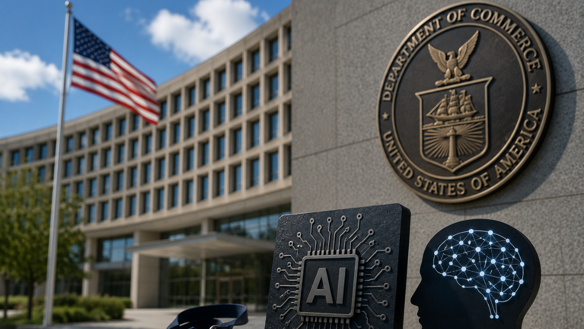 A professional conceptual photograph representing U.S. artificial intelligence governance. In the background stands a modern stone government building with the official seal of the U.S. Department of Commerce mounted on the wall and an American flag waving on a tall flagpole under a cloudy sky. In the foreground on a stone ledge lies a corporate security ID badge on a lanyard next to a black microchip tile with the letters 'AI' carved onto it and a dark silhouette of a human head containing a glowing digital neural network brain.