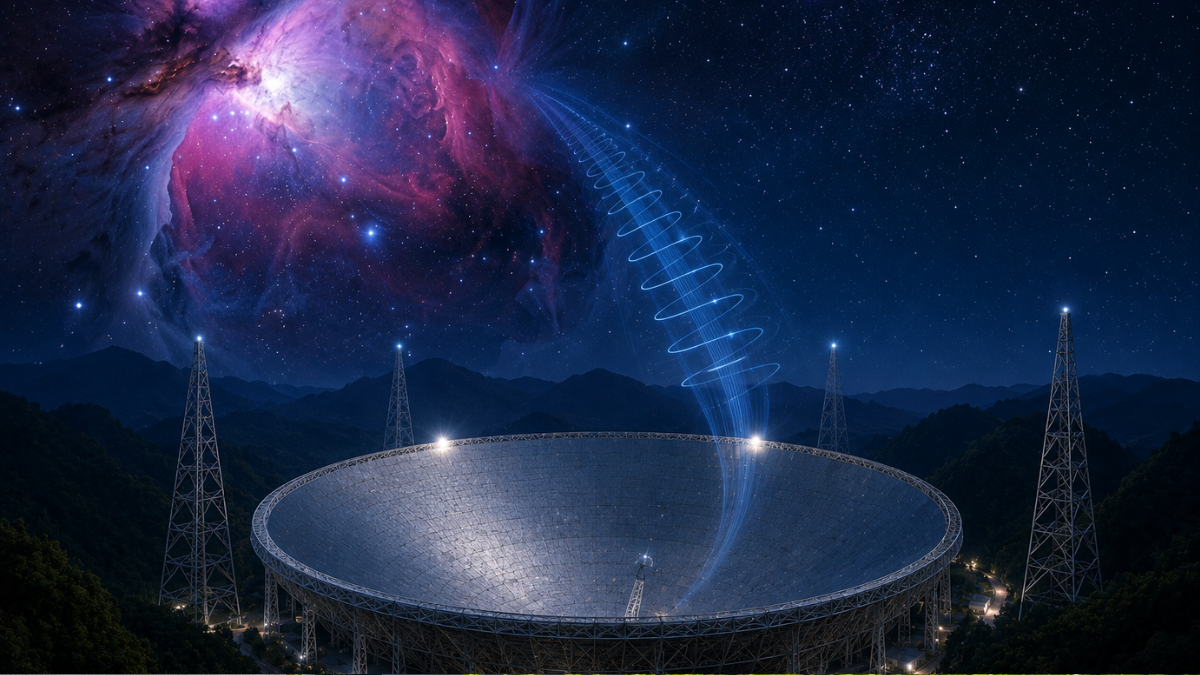 A cinematic nighttime illustration of the massive FAST radio telescope, known as 'China's Sky Eye', nestled in a dark mountainous valley. Above the giant dish, the bright pink and violet clouds of the Orion Nebula glow vividly in a star-filled deep space sky, with a stream of blue digital cosmic ray paths connecting the celestial nebula directly down into the telescope's receiver.