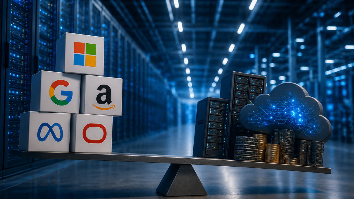 A conceptual photograph illustrating financial imbalance in the tech industry inside a dimly lit data center. In the foreground, a seesaw scale sits on a dark reflective surface; on the left pan are toy blocks featuring the logos of major tech companies including Microsoft, Google, Amazon, Meta, and Oracle, while the right pan holds a glowing blue digital cloud symbol stacked atop gold coins. In the background, rows of illuminated blue server racks stretch into perspective.