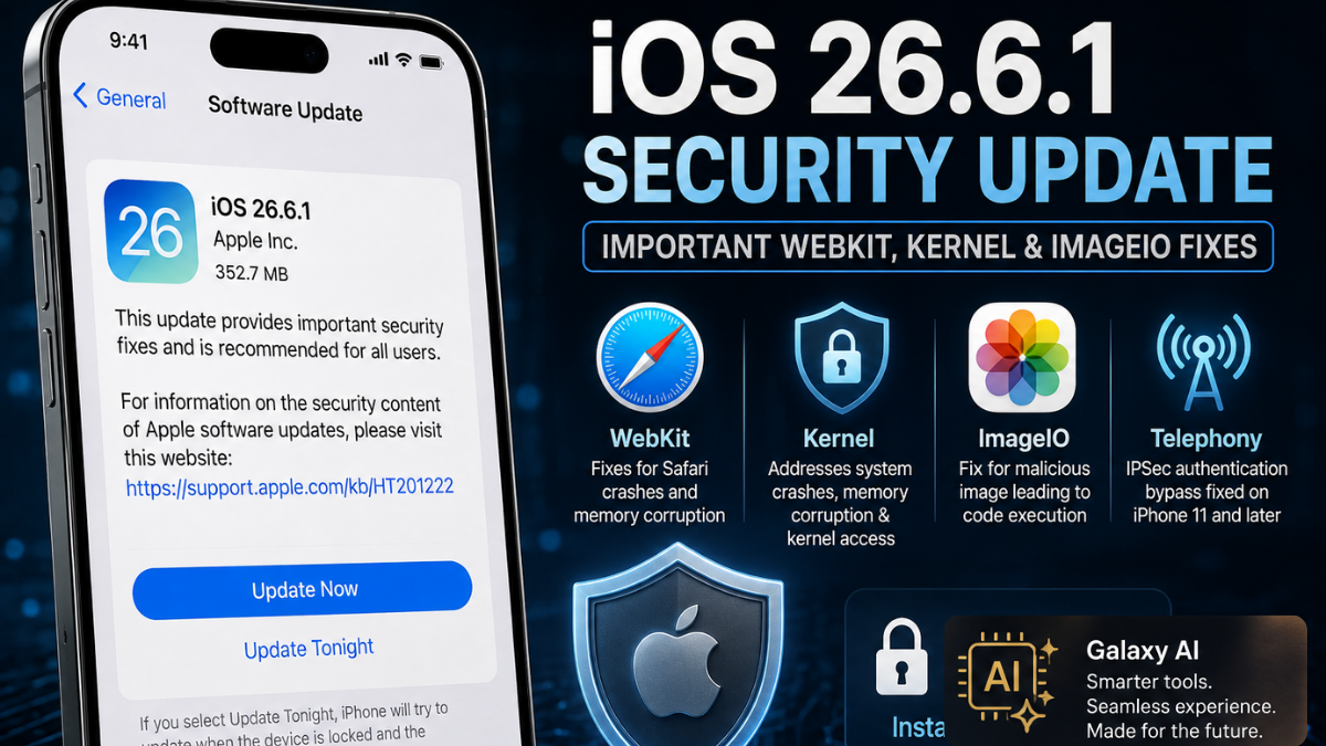 iOS 26.6.1 security update on an iPhone highlighting WebKit, Kernel, ImageIO, and Telephony fixes.