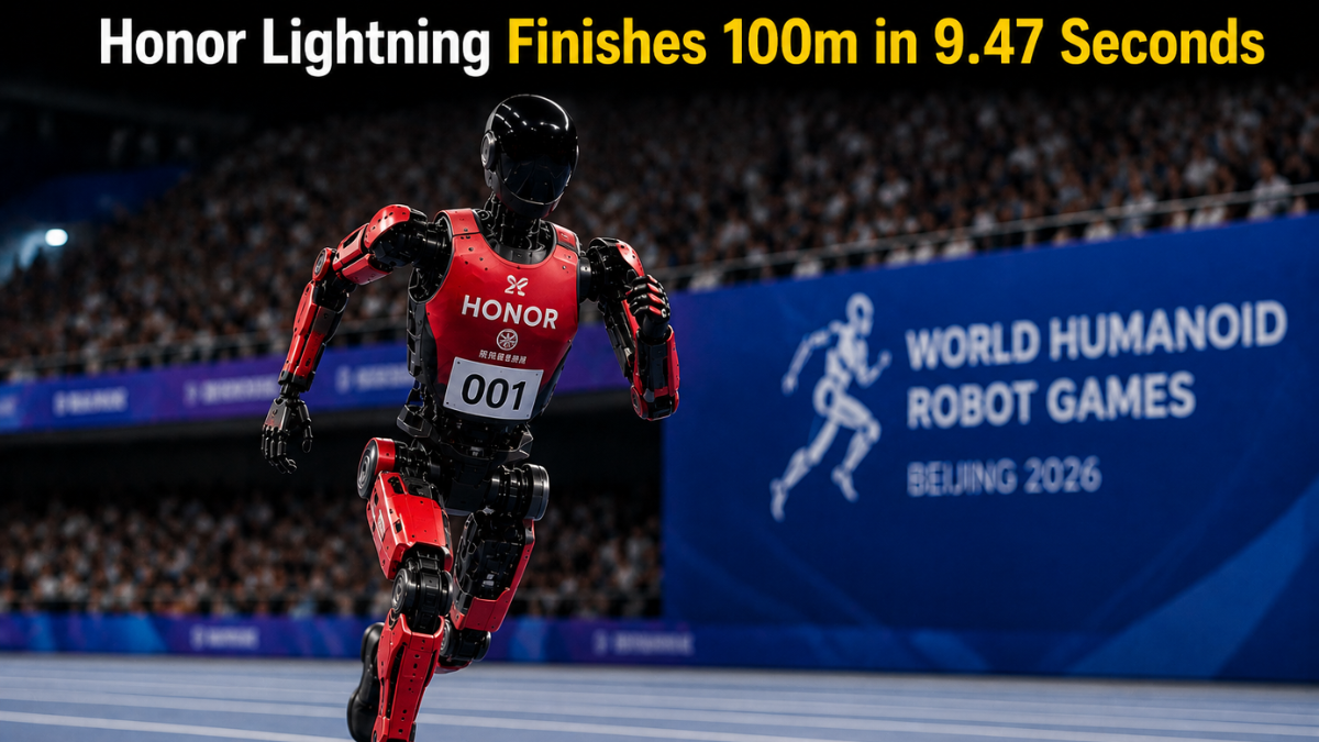 Honor Lightning humanoid robot sprinting at the World Humanoid Robot Games in Beijing 2026.