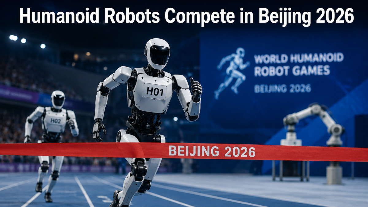 Humanoid robots competing in a sprint at the World Humanoid Robot Games Beijing 2026.