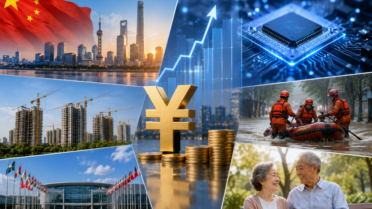 A professional multi-panel conceptual collage illustrating economic growth, technological development, and social welfare in China. The center features a large gold Yuan symbol next to rising gold coin stacks. The surrounding panels display: a scenic view of the Shanghai skyline along the river with a waving Chinese flag, a glowing digital upward arrow trend line, a close-up of an advanced computing microchip processor, emergency rescue workers in orange gear navigating a boat through floodwaters, an elderly couple smiling together in a park, and a modern exhibition hall with global flags.