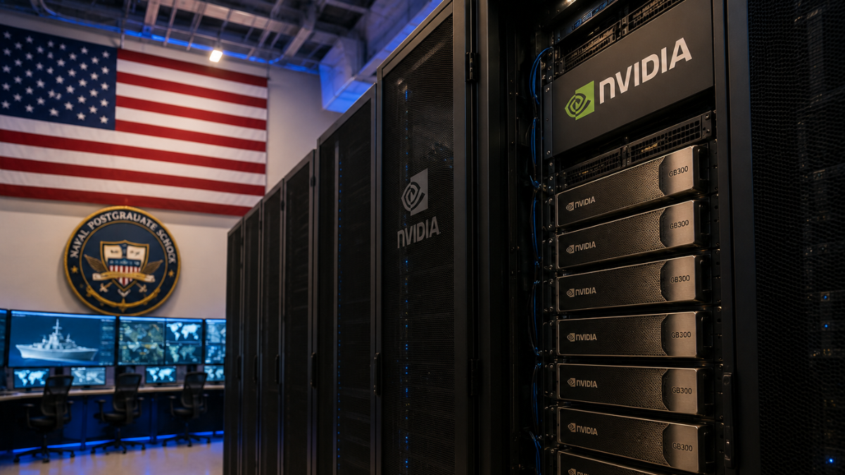 A realistic photograph of a high-tech military AI command center and data room. In the foreground, tall dark server racks displaying glowing white 'NVIDIA' logos and GB300 Grace Blackwell hardware units stand under cool blue lighting. In the background, a wall features a large American flag alongside the seal of the Naval Postgraduate School and multiple glowing monitors displaying naval vessel operations and strategic maps.