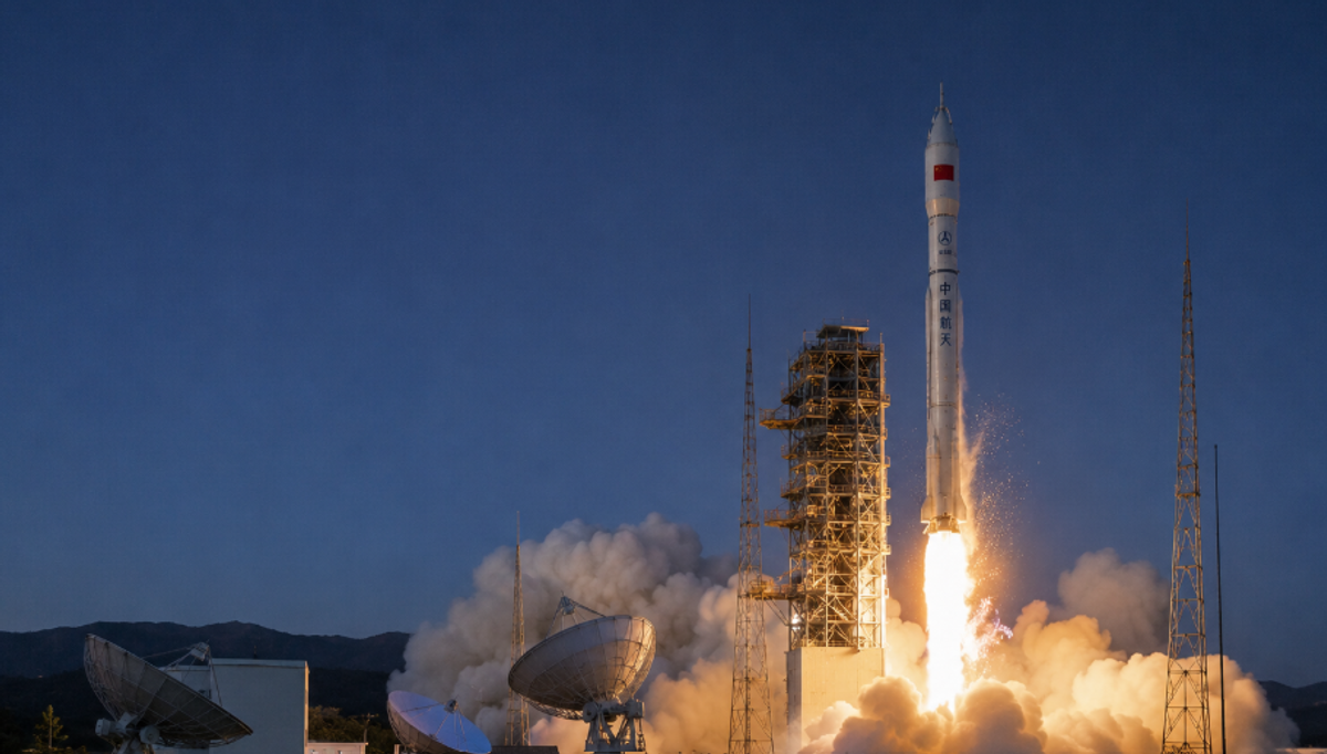 Rocket launch from a Chinese space center symbolizing the development of low Earth orbit computing, AI satellites, and next-generation space technology.
