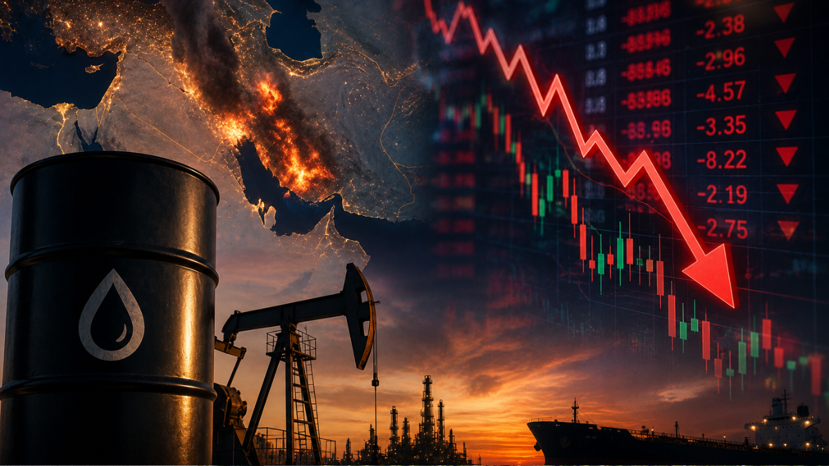 An dramatic infographic titled 'OIL CRISIS & FINANCIAL TURMOIL'. On the left, a large black oil drum with a water droplet logo stands next to an operating pumpjack on an oil field during sunset. Above, a glowing map of the Middle East is shown engulfed in flames. On the right, a steep red downward-trending stock chart overlaying financial candlestick charts symbolizes market losses.