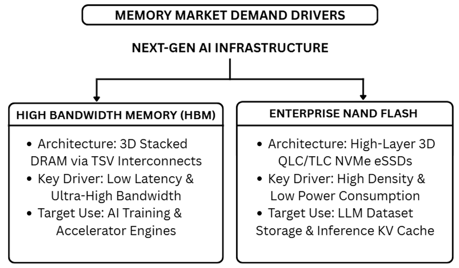 Infographic titled "Memory Market Demand Drivers" comparing two key memory technologies powering next-generation AI infrastructure. The left panel explains High Bandwidth Memory (HBM), highlighting its 3D stacked DRAM architecture, ultra-high bandwidth, low latency, and use in AI training accelerators. The right panel covers Enterprise NAND Flash, emphasizing high-layer 3D QLC/TLC NVMe eSSDs, high storage density, low power consumption, and applications in large language model (LLM) dataset storage and inference cache.