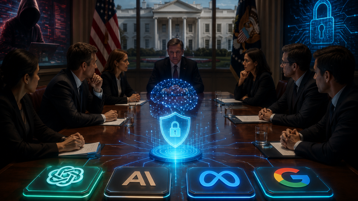 Photorealistic illustration of a White House AI security meeting featuring cybersecurity shields, artificial intelligence symbols, and major AI company platforms, representing U.S. government efforts to evaluate frontier AI models for hacking risks, safety testing, and national security.