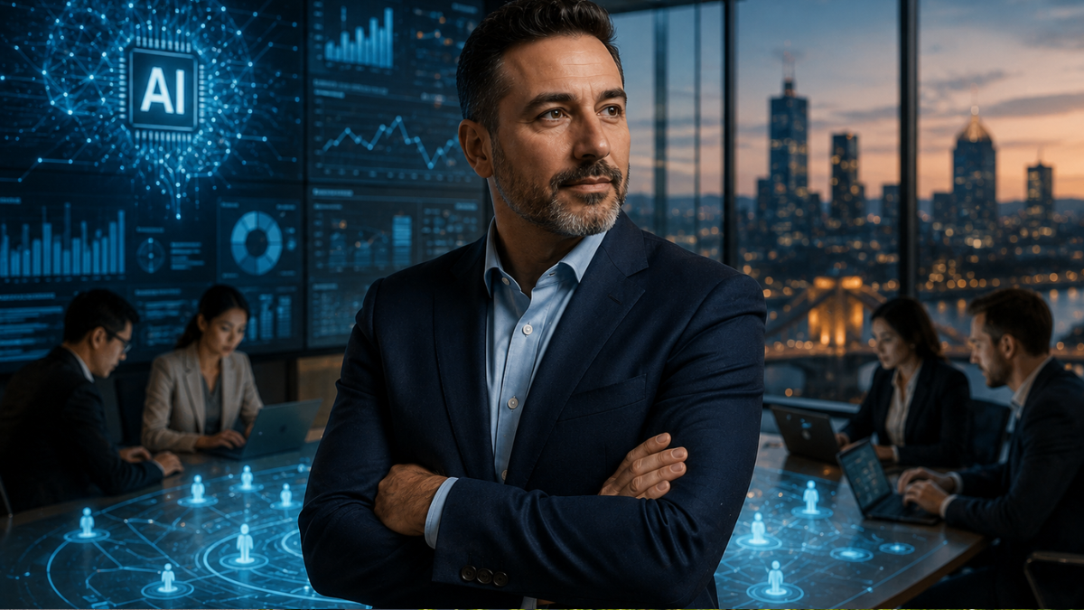 A professional conceptual image showcasing a business transformation leader. In the center, a confident middle-aged man in a dark blue suit stands with crossed arms, looking thoughtful. Behind him on the left, a large high-tech command center screen displays complex blue data analytics and an 'AI' hub logo, while team members work at a glowing digital desk. On the right, a large floor-to-ceiling window reveals a sprawling city skyline at night with illuminated skyscrapers.