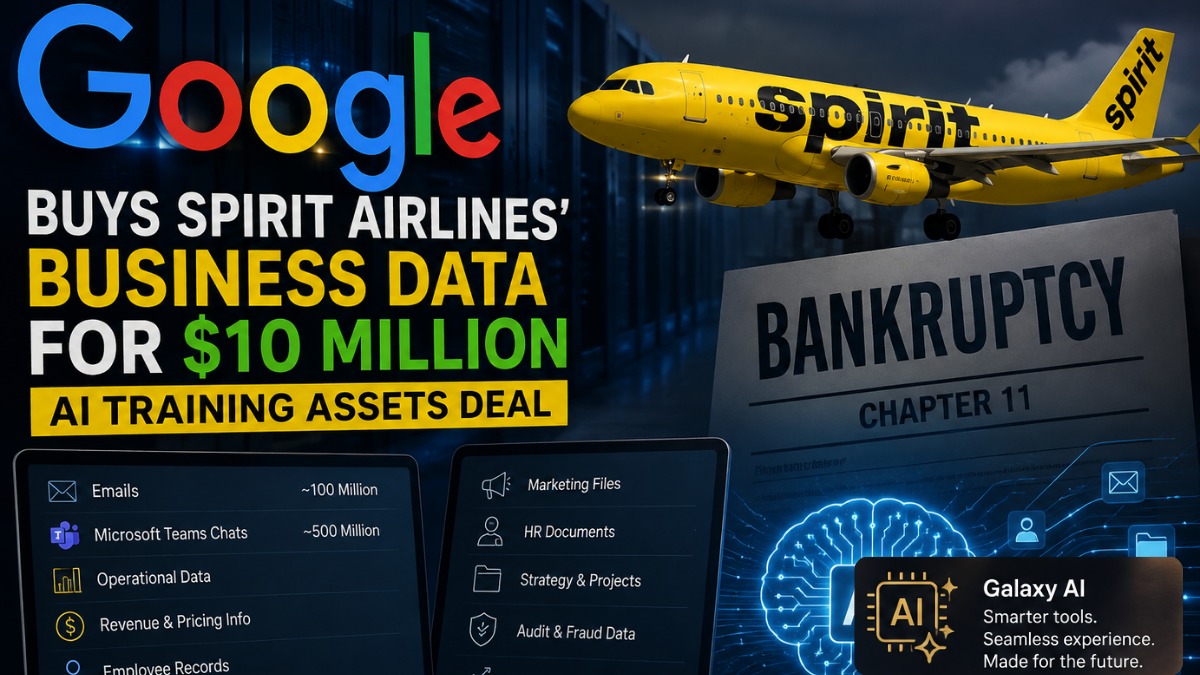 Alphabet's Google acquires internal business data from bankrupt Spirit Airlines for $10 million to train AI models and develop products.