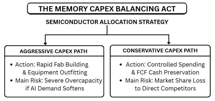 Infographic titled "The Memory Capex Balancing Act" comparing two semiconductor investment strategies. The left side outlines an aggressive capital expenditure (CapEx) path, emphasizing rapid fabrication plant construction and equipment expansion with the risk of overcapacity if AI demand slows. The right side presents a conservative CapEx path, focusing on controlled spending and free cash flow preservation while highlighting the risk of losing market share to competitors.
