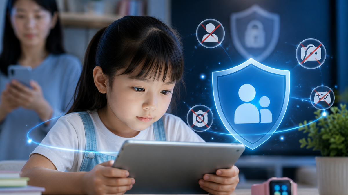 A realistic conceptual photograph illustrating digital child safety and online protection. In the foreground, a young Asian girl sits at a desk thoughtfully using a silver tablet computer, with a pink smartwatch resting on the table beside her. A glowing blue digital shield overlay containing icons of adult-child protection, blocked profiles, camera restrictions, and gaming controls floats above the tablet. In the background, a mother sits on a sofa softly out of focus, monitoring her daughter while holding a smartphone.