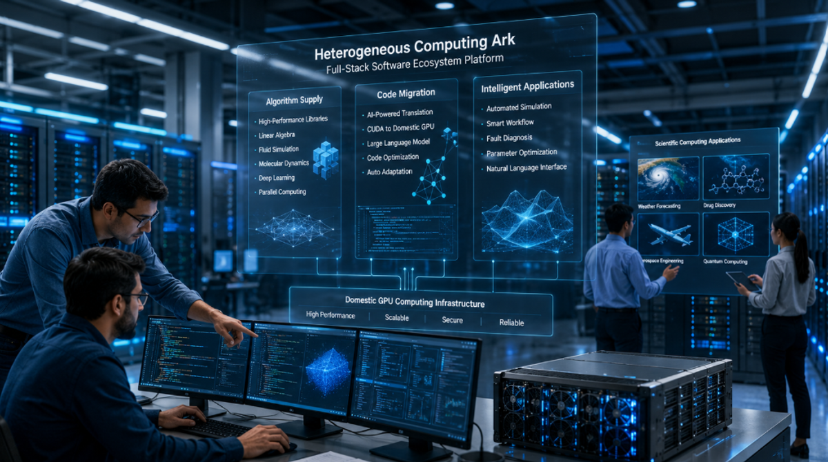 Engineers analyzing the Heterogeneous Computing Ark software ecosystem platform overlay showing algorithm supply, code migration, and intelligent applications in a server room.