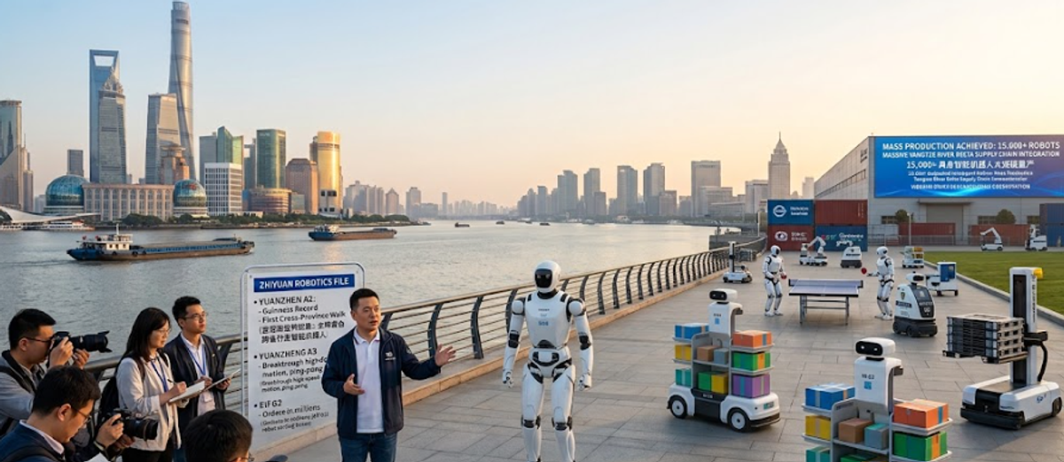 A high-resolution news photograph of an outdoor robotics demonstration on the Huangpu River promenade in Shanghai, with the Lujiazui financial skyline in the background. On the left, a company executive addresses a group of journalists who are taking notes and photos. A media board titled "ZHIYUAN ROBOTICS FILE" lists achievements like the Yuanzheng A2, Yuanzheng A3, and Elf G2. On the paved walkway, a white humanoid robot stands balanced, alongside autonomous security and logistics carts carrying colorful boxes. In the background near a warehouse, two robots are seen playing ping-pong autonomously.