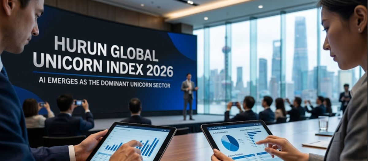 A highly realistic documentary photograph set inside a high-end financial summit hall during the release of the Hurun Global Unicorn Index 2026. In the foreground, business analysts in formal suits analyze startup economics data on tablet screens. The background features a massive curved LED corporate projection screen, naturally displaying clear, crisp typography with no overlaps that reads: 'HURUN GLOBAL UNICORN INDEX 2026' with the subtext 'AI EMERGES AS THE DOMINANT UNICORN SECTOR'.