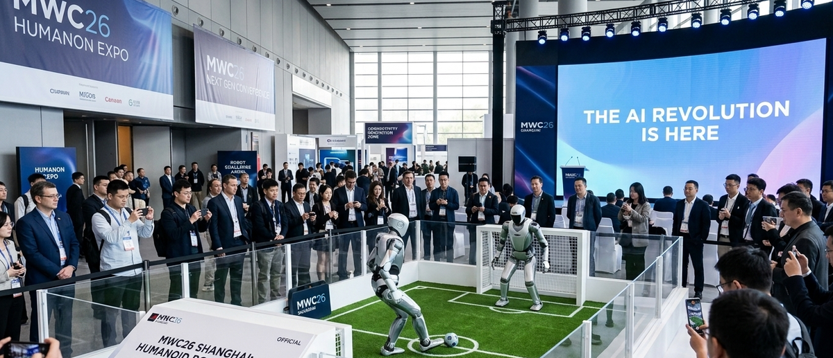 A highly realistic documentary photograph capturing the bustling tech display floor during the conclusion of GSMA MWC26 Shanghai. In the center foreground display zone, two advanced humanoid bipedal robots participate in the popular Robot Soccer Penalty Challenge, surrounded by an international crowd of tech analysts and global telecom executives observing closely. The background modern exhibition pavilion features a massive curved presentation screen naturally rendering clear, bold white and blue corporate typography that reads: 'GSMA MWC26 SHANGHAI: THE AI ECONOMY & 6G INNOVATION'.