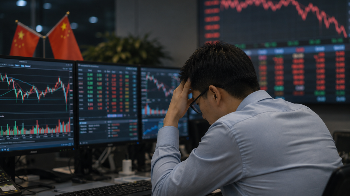 A dramatic financial office scene showing market stress. In the foreground, a professional male trader in a light blue dress shirt sits with his back to the camera, holding his head in his hands in disappointment. He is facing three computer monitors displaying downward-trending red and green financial stock charts. On the desk behind the monitors, two small national flags of China are visible, while a massive digital wall board in the background displays a sharp, continuous red downward market line graph.