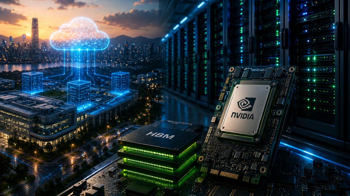 A realistic composite photo illustrating a mega AI infrastructure partnership. On the left, a modern cityscape at sunset with a glowing blue digital cloud connecting to a large data center complex. On the right, dark server racks line a data center aisle next to close-up high-tech computer chips: a black processor displaying the NVIDIA logo and an adjacent memory chip labeled 'HBM'.