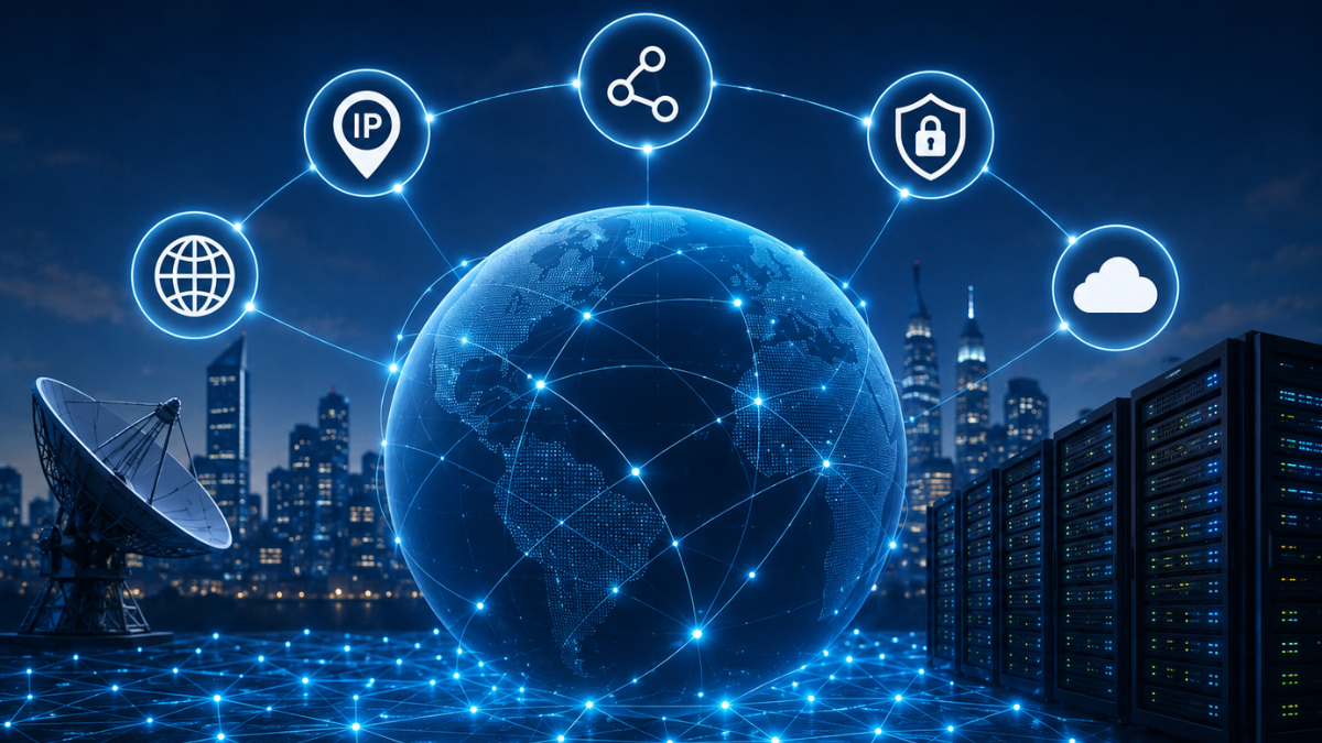 A futuristic conceptual infographic illustrating global digital networks and computing infrastructure at night. In the center, a glowing blue digital globe covered with interconnected light paths is displayed against a dark city skyline. To the left is a large satellite dish, and to the right are rows of modern server racks in a datacenter. Five blue circular icons representing global web connectivity, IP location, data sharing, network security, and cloud storage float above the globe.