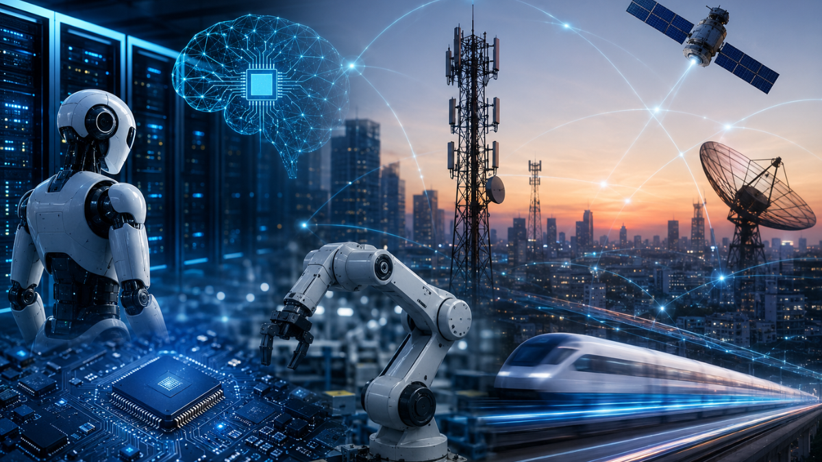 A futuristic technology and digital infrastructure montage set against a twilight city skyline. On the left, a sleek white humanoid robot stands next to rows of glowing data center server racks, with a luminous digital brain overlay above it. In the center foreground, an industrial robotic arm sits near a microchip on a circuit board, positioned in front of a tall telecommunications tower. On the right, a high-speed bullet train streaks past a satellite dish antenna, while an orbital communication satellite floats in the sky above, all interconnected by a glowing grid of network lines.