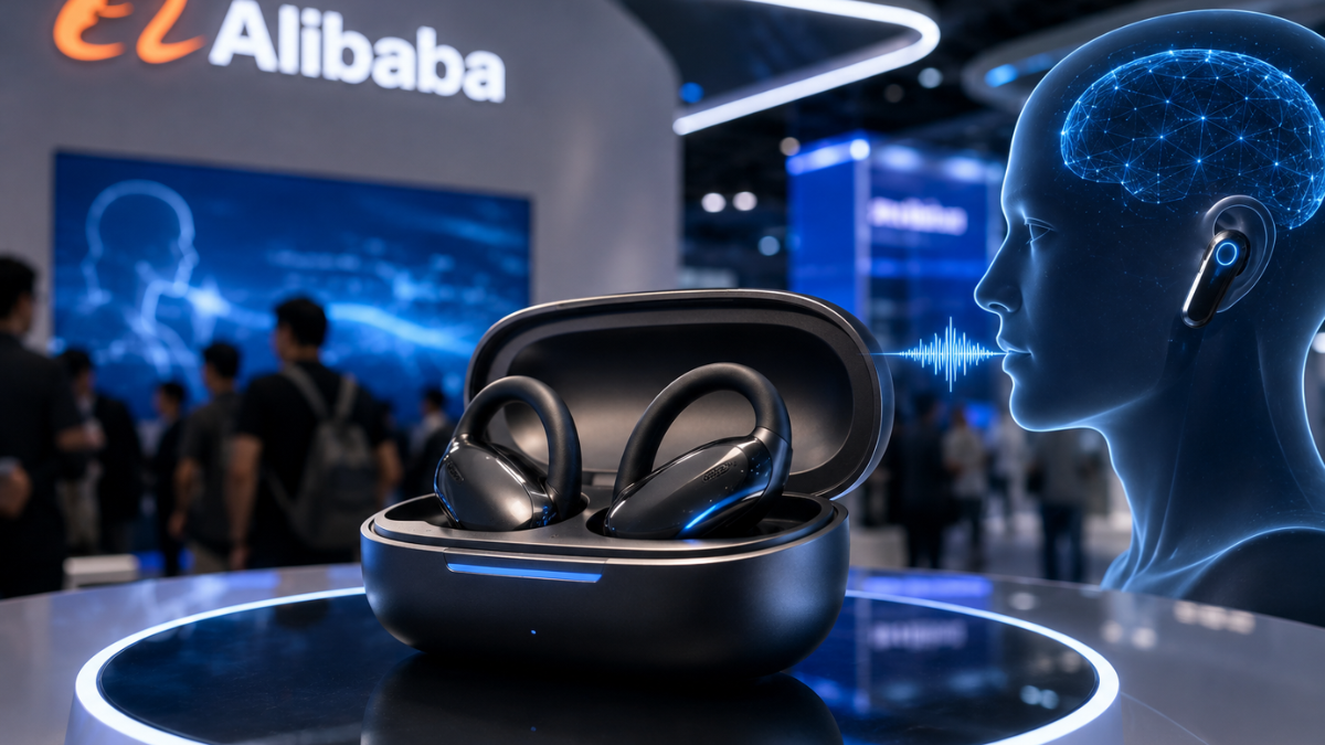 A professional technology product showcase at an exhibition booth. In the foreground, a sleek pair of black open-ear AI smart headphones sits inside their open charging case on a glowing circular display pedestal. In the background on the left, a large illuminated booth wall prominently displays the orange and white 'Alibaba' logo with visitors walking by. On the right, a digital infographic hologram depicts the profile of a person wearing the earphone, with a glowing blue brain graphic and soundwave patterns symbolizing advanced AI processing.