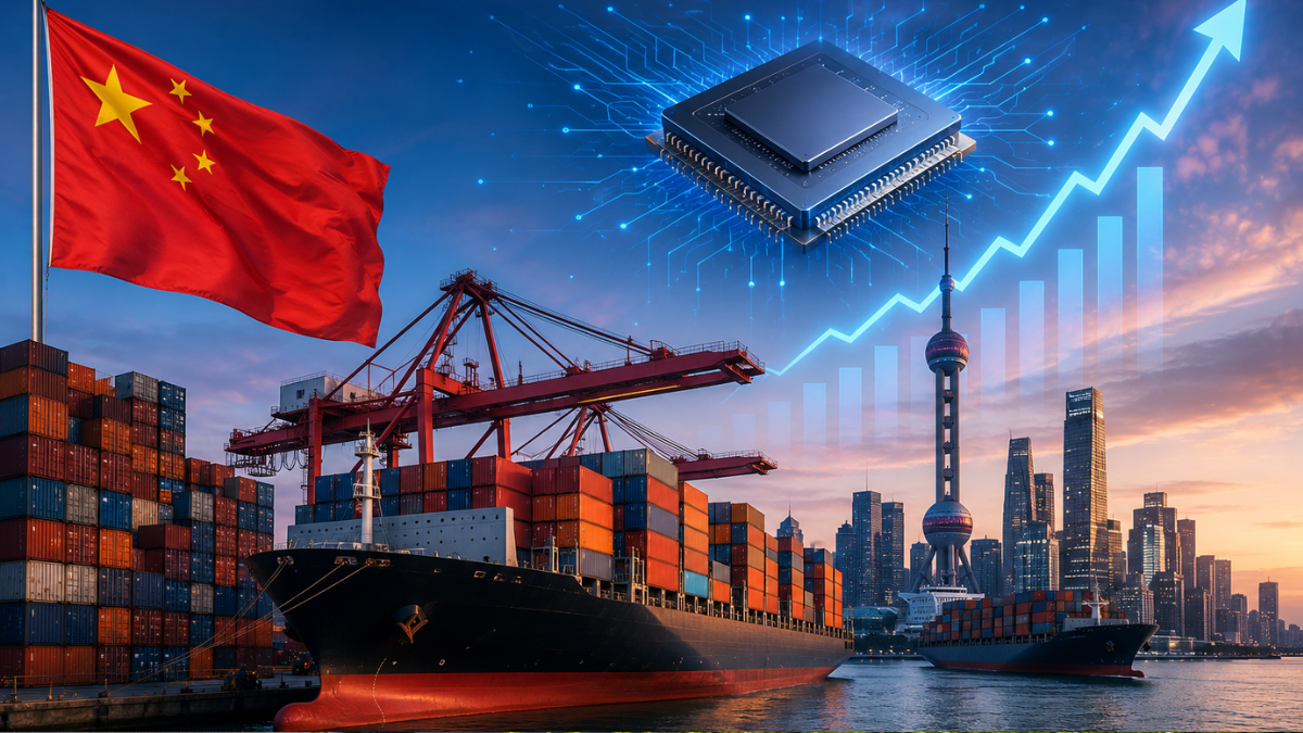 A vibrant infographic titled 'GLOBAL TRADE & TECH GROWTH' highlighting China's surging June trade figures. On the left, a large Chinese national flag waves over a busy cargo port filled with red and orange shipping containers and towering cranes. In the upper right, a high-performance computer processor chip glows with digital circuits, next to a sharp white upward-trending stock arrow rising above the Shanghai Pudong skyline.