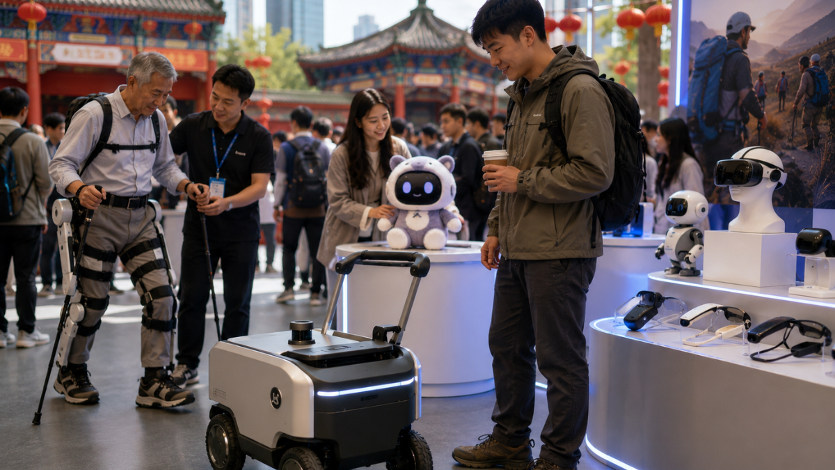A lively outdoor technology bazaar set in a traditional Chinese cultural square with historic pavilion architecture in the background. In the foreground, a compact, white and black automated smart camping cart with wheels rolls on the pavement. On the left, an elderly man tests a mechanical walking exoskeleton suit with the help of a staff member. On the right, a young man holds a coffee cup while looking at a display table featuring a small humanoid companion robot, smart AI glasses, and VR headsets as curious crowds look on.