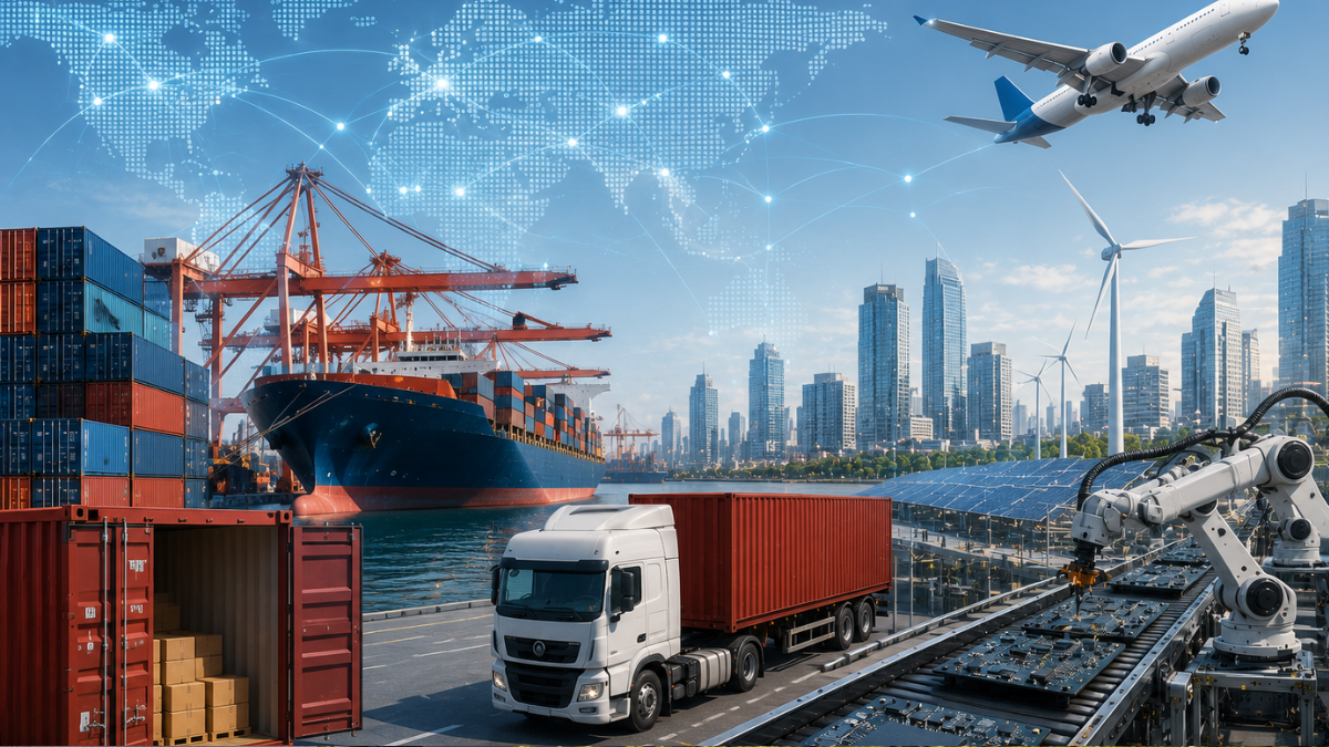 A vibrant infographic illustrating global trade and technology logistics. On the left, a bustling cargo port features a large container ship being loaded by towering orange cranes next to stacked red shipping containers. A white semi-truck carries a container on a coastal highway. On the right, a high-tech automated assembly line features a robotic arm processing server circuit boards next to a modern wind turbine. An airplane flies overhead in a blue sky under a glowing digital world map.