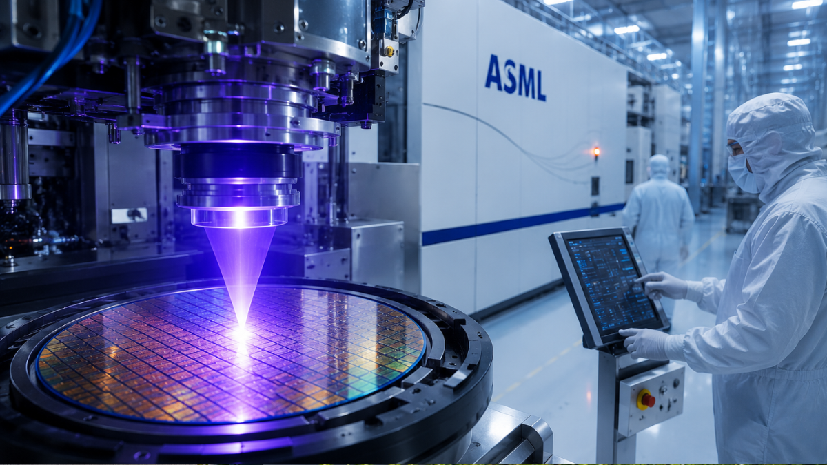A state-of-the-art semiconductor cleanroom environment featuring an advanced ASML lithography system. At the center, a large circular silicon wafer glows under a precise, intense purple laser beam symbolizing extreme ultraviolet (EUV) processing. On the right, a technician wearing a full white cleanroom suit operates a digital touch-screen console, with the 'ASML' logo clearly visible on the clean white machine in the background.