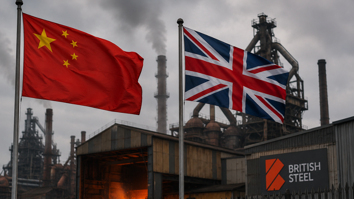Aapki is nayi image (Jingye Group and British Steel Nationalization Dispute) ke liye ye rahe Alt Text aur Caption: Alt Text (For SEO & Accessibility) "A realistic daytime photograph of an industrial steel manufacturing facility. In the foreground, the national flag of China waves on a flagpole on the left, and the Union Jack flag of the United Kingdom waves on an identical flagpole on the right. In the background, the dark industrial structures of the steelworks feature towering blast furnaces emitting thick white smoke into a gray sky. A large, prominent corporate sign on the building facade reads 'BRITISH STEEL' next to a geometric orange logo, with a bright orange glow of molten steel visible inside an open factory bay below.