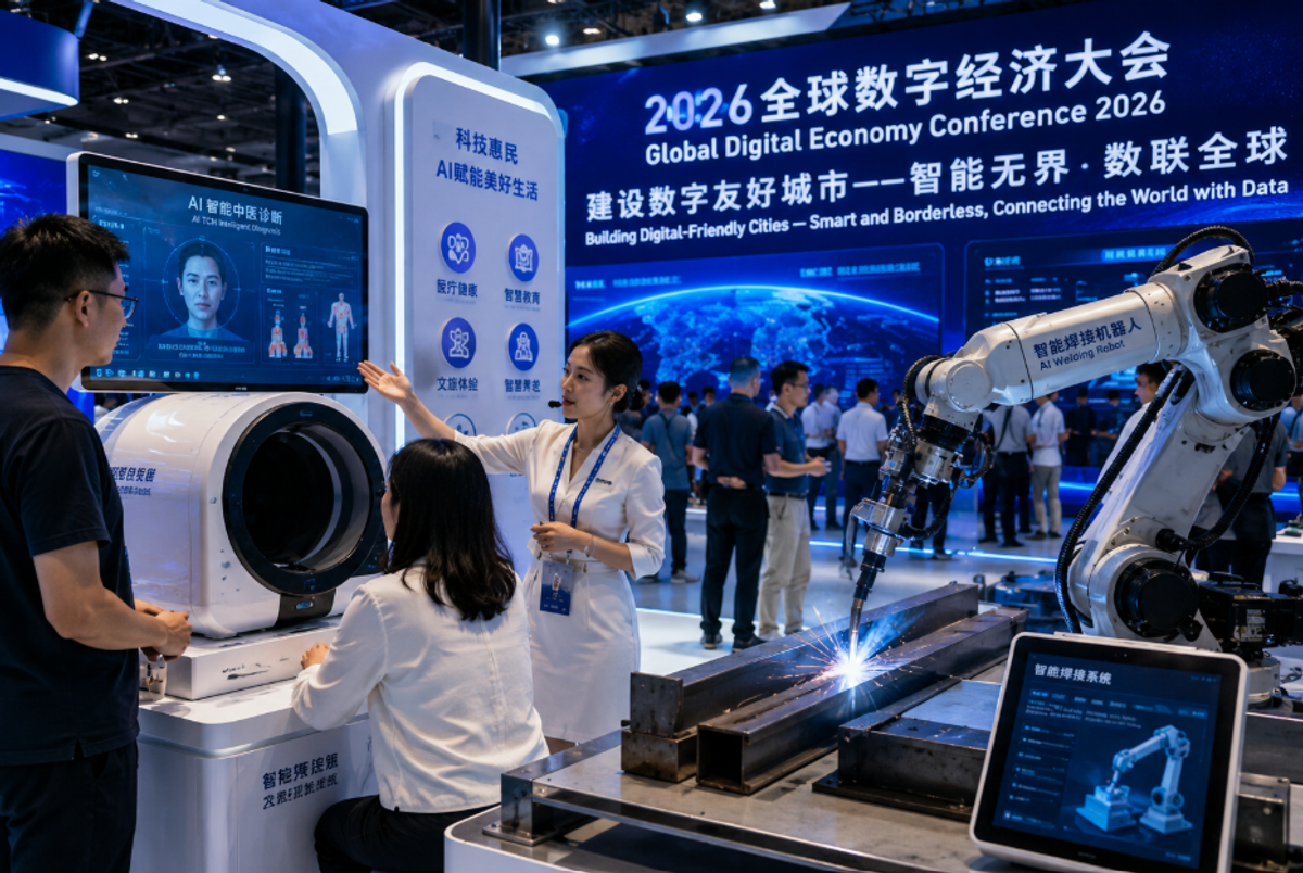 Visitors interacting with AI healthcare technology and industrial robots at the 2026 Global Digital Economy Conference in Beijing, highlighting innovation in healthcare, manufacturing, and the digital economy.